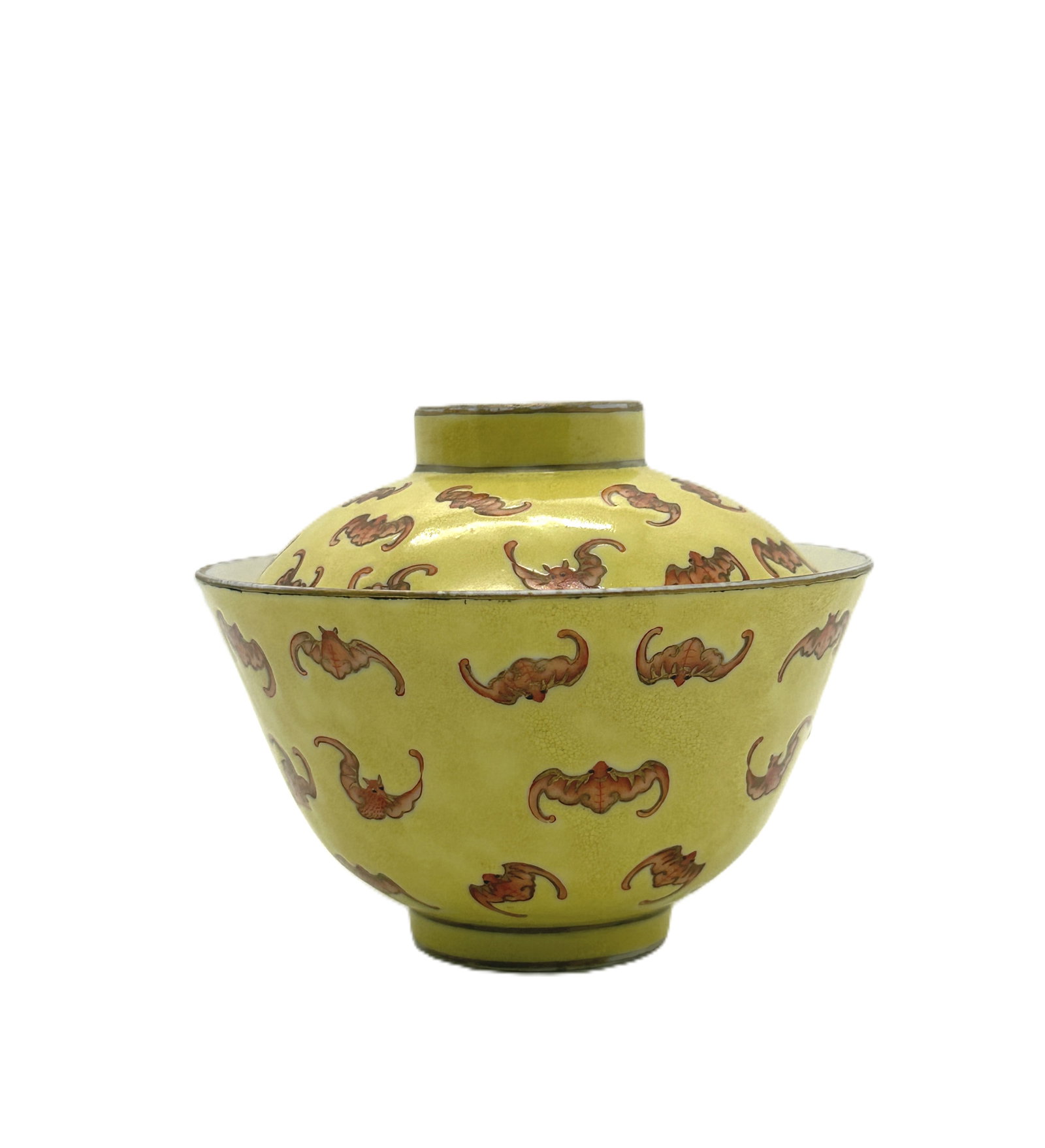 Yellow Famille Verte Bat Motif Bowl with Lid.China: An antique Chinese covered bowl with a vibrant yellow ground, adorned with numerous red bat motifs. The lid matches the bowl's design. Diameter: 4.33''(11 cm), Height: 3.55''(9cm)