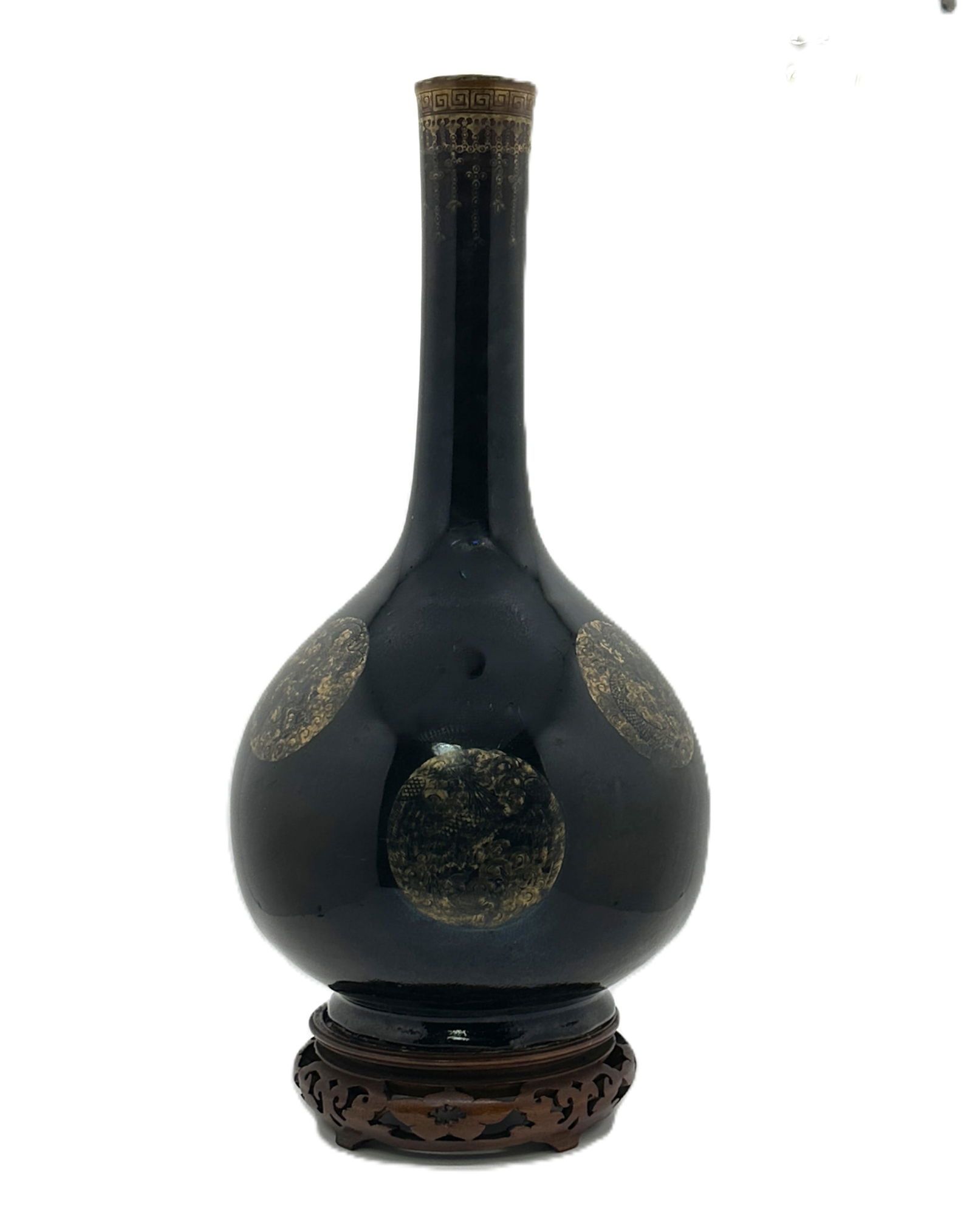 A Chinese Mirror Black Glazed Bottle Vase with Gilt Dragon Medallions.18th.C (1 of 2)