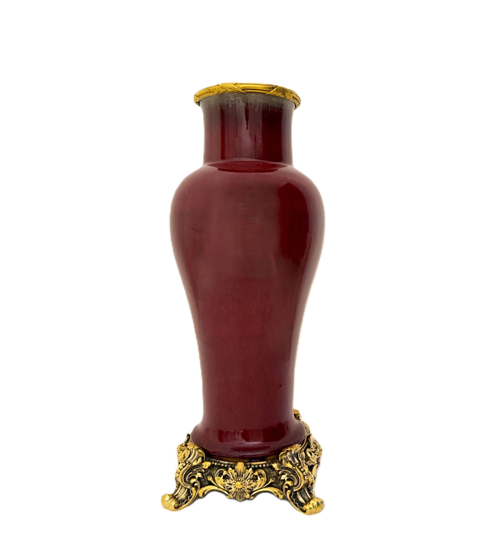 Chinese Langyao Red Glazed Guanyin Vase with Gilt-Bronze Mounts,18th.C: This elegant Guanyin vase is covered in a rich, deep crimson-red Langyao glaze, a hallmark of the Kangxi period's ceramic mastery. The glaze is smooth and lustrous, with subtle variations in tone that