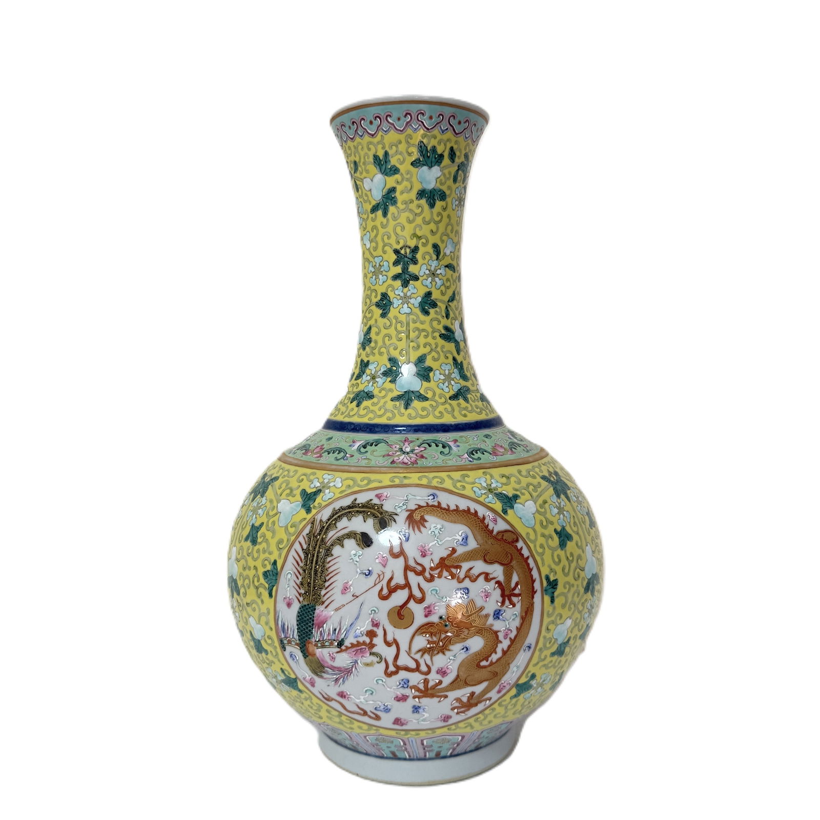 Chinese Famille Jaune Porcelain Vase with Dragon & Phoenix,19th.C (1 of 2)