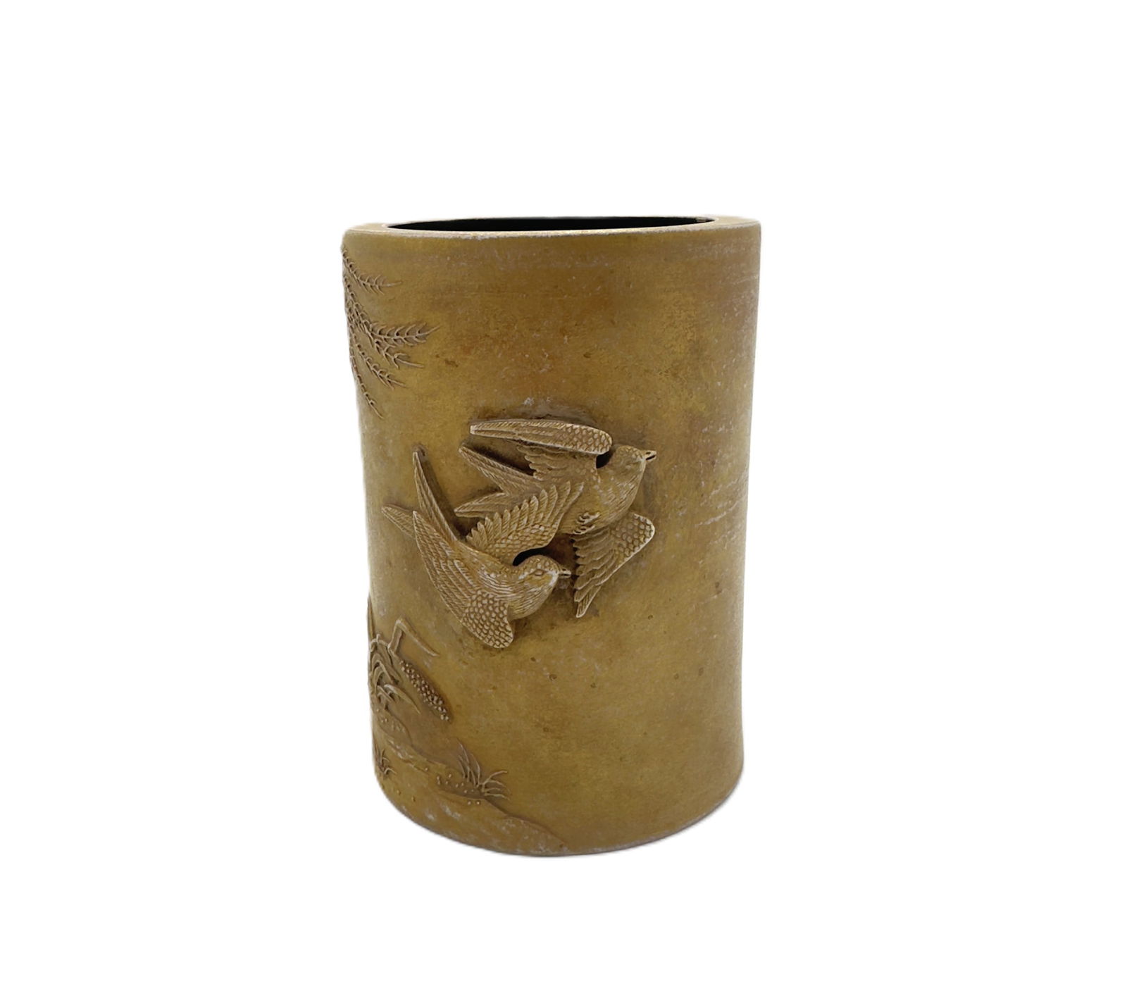 Chinese Carved Porcelain Brush Pot with 'Swallows and Willow' Motif, Daoguang Mark (1 of 3)