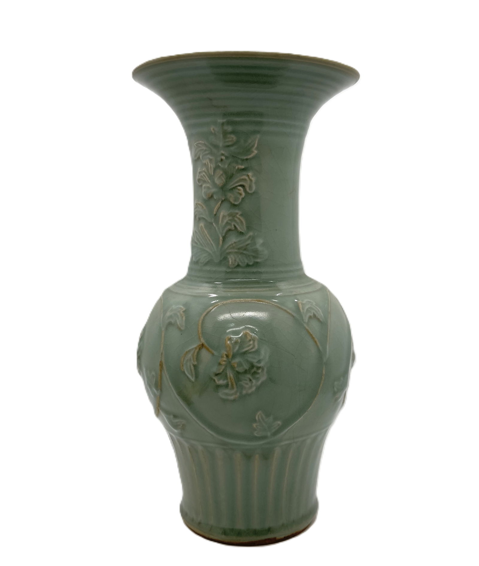 Celadon Glazed Baluster Vase with Floral Relief ? Ming Dynasty (1 of 2)