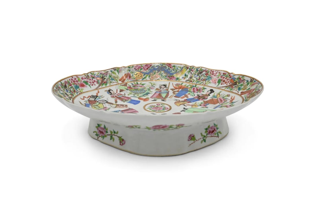 Chinese Rose Mandarin Footed Platter, 19th century: Rose Mandarin Footed Platter, 19th centurydecorated with floral, butterfly, and bird motifs and three large bats with central floral spray surrounded by symbols of figures, vases, and tools; length: