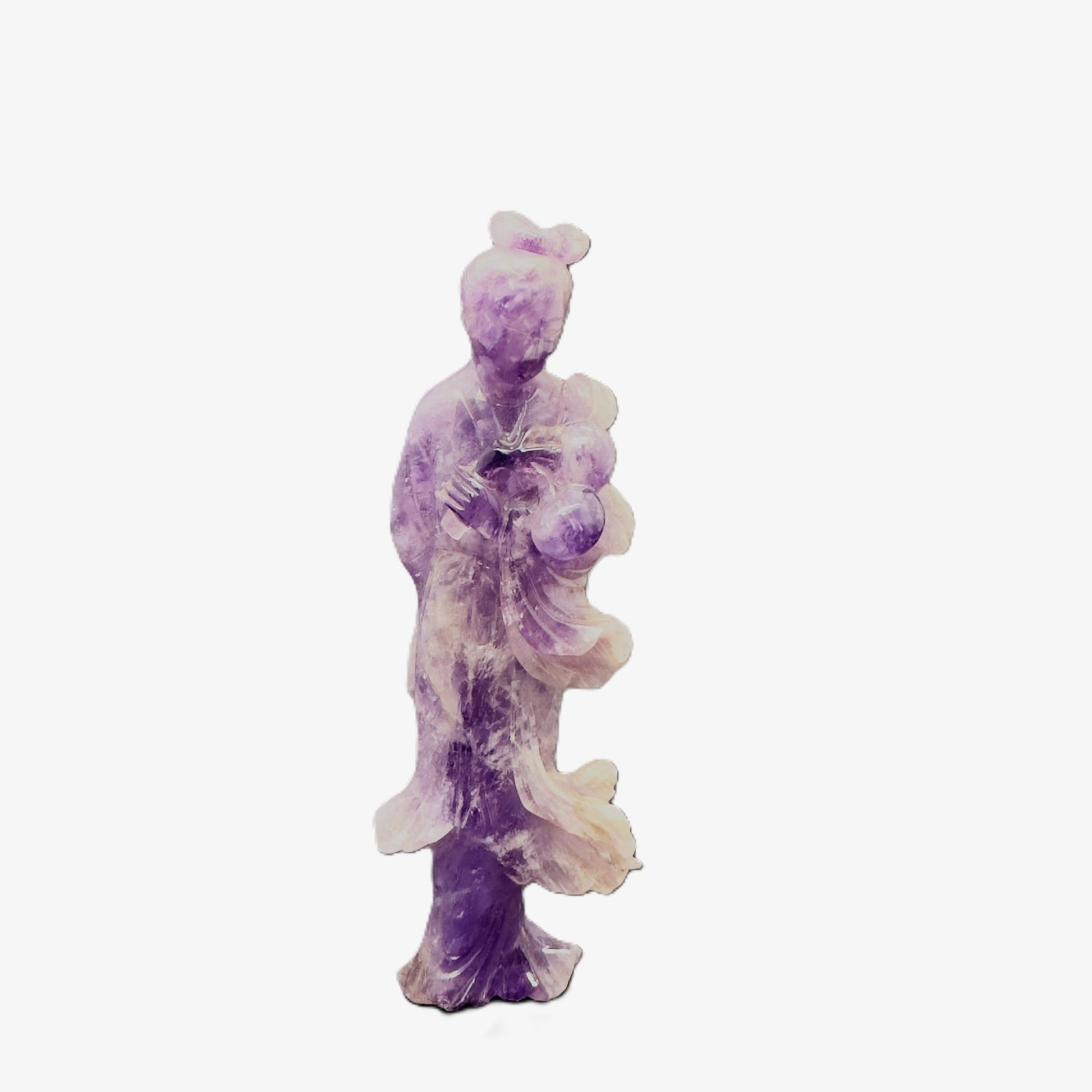 Chinese Amethyst Carved 'Magu Presenting Longevity' Standing Figure 19th Century: A Chinese standing figure carved from translucent amethyst, depicting the immortal Magu holding longevity peaches. The stone exhibits a rich purple color palette with natural inclusions, and the robes