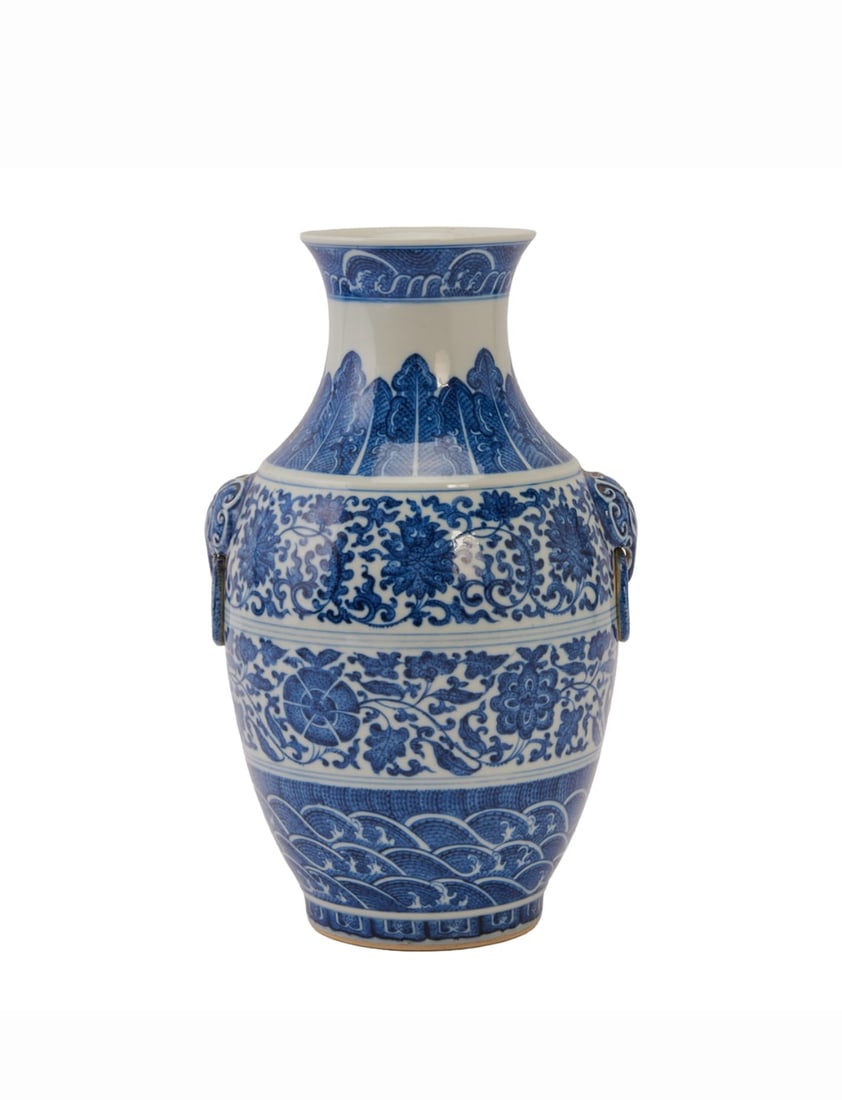 A Chinese Large Blue and White Porcelain Vase with Floral & Wave Motifs (1 of 4)