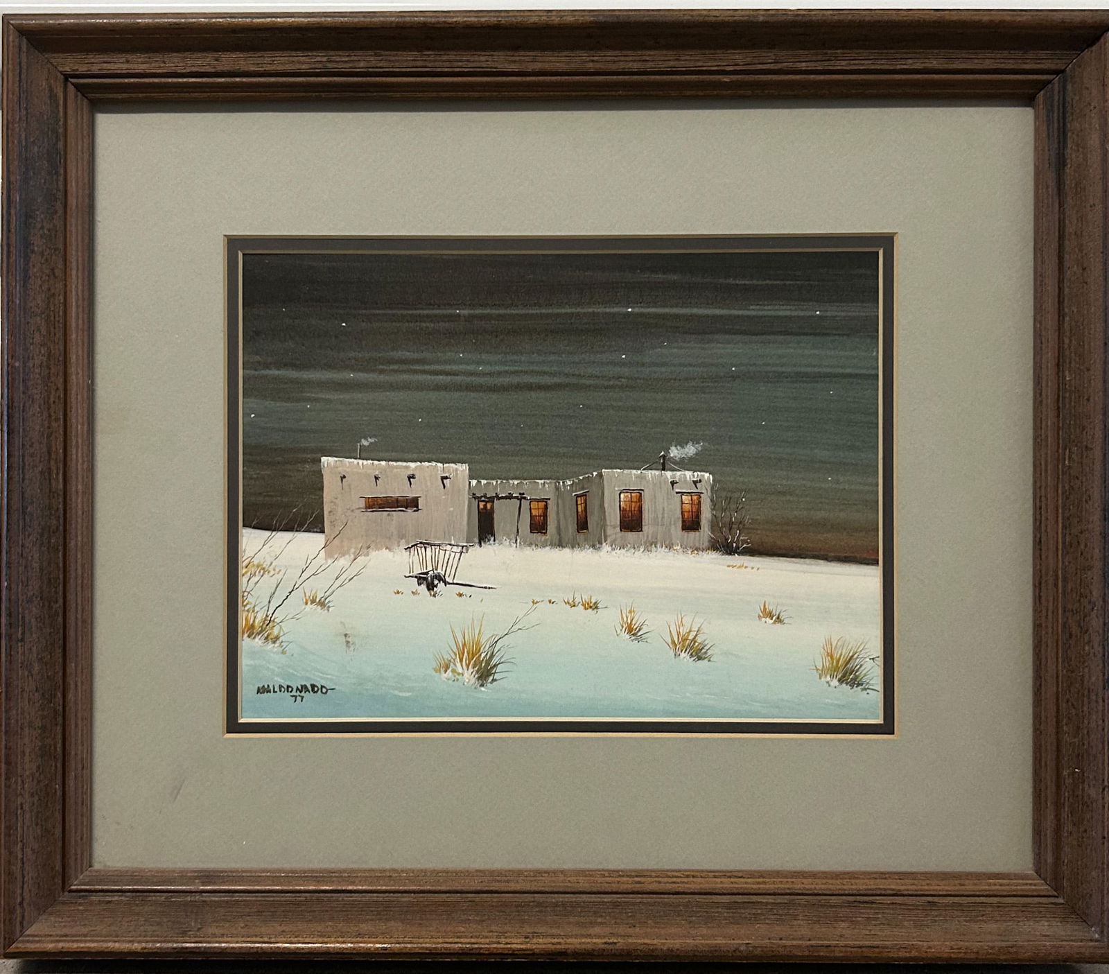 Daniel Maldonado (Texas, 1940-2019) Watercolor on Paper, Adobe House in the Snow (1 of 3)