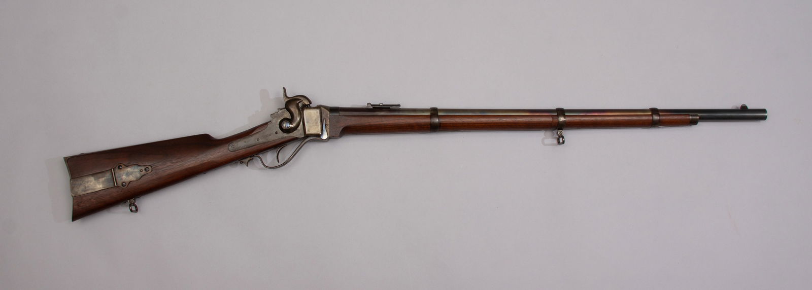 Sharps New Model 1863 Percussion 3-Band Rifle: Antique Sharps New Model 1863 percussion 3-band rifle, .52 caliber, serial number C87111, brown smooth patina showing some browning on 30-inch barrel, walnut stock with hinged nipple and patch compart