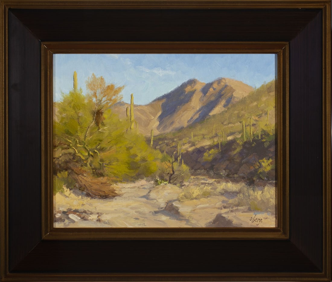 Ralph Oberg (b. 1950), Desert Wash: Ralph Oberg (b. 1950) "Desert Wash", Oil on linen, 11"h x 14"w, Framed: 17"h x 20"w, Verso: "Painted on Location near Tucson AZ"