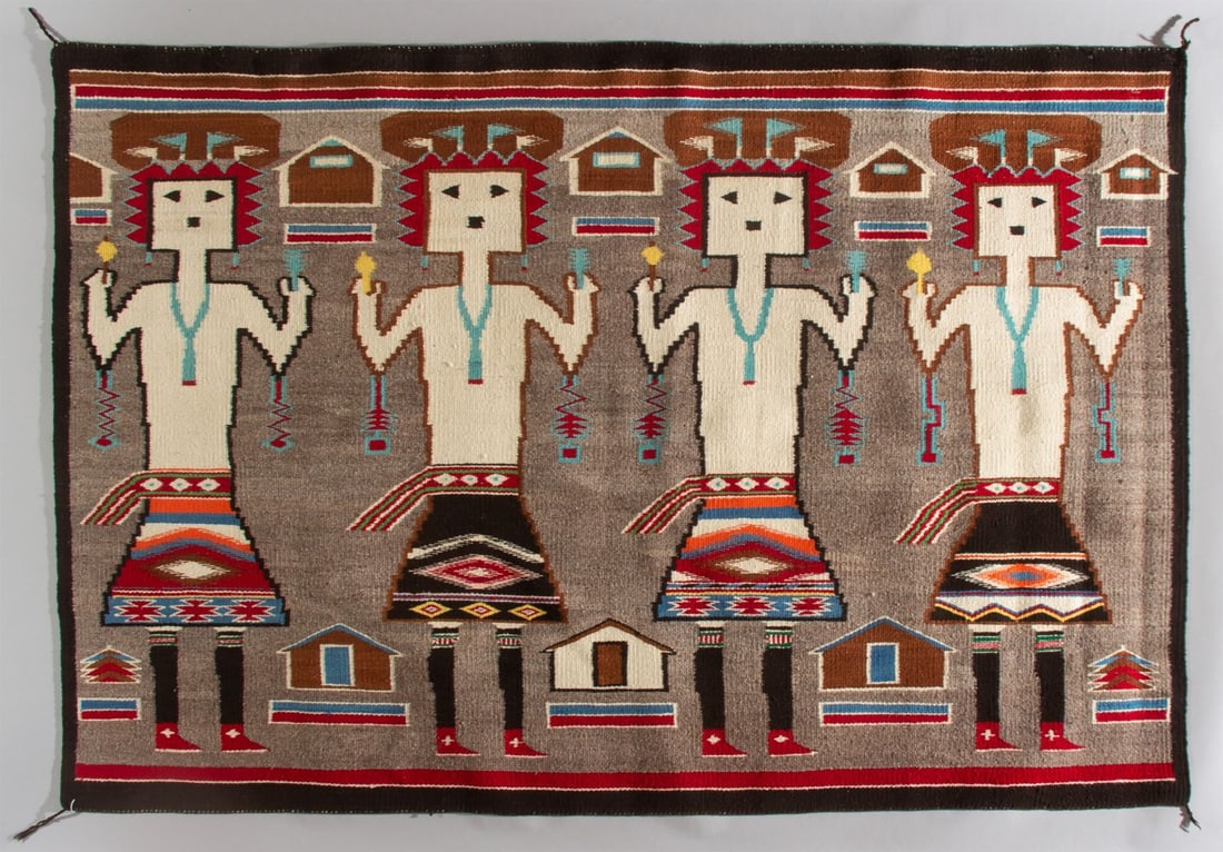 Navajo Pictorial Rug, Ca. 1940s: Bright, colorful 4 lady Kachina Yeii weaving with 3 pictorial houses across the bottom, and all laid out on a nicely variegated grey background, Ca.1940s. The weaving is hand woven from all Native Chu