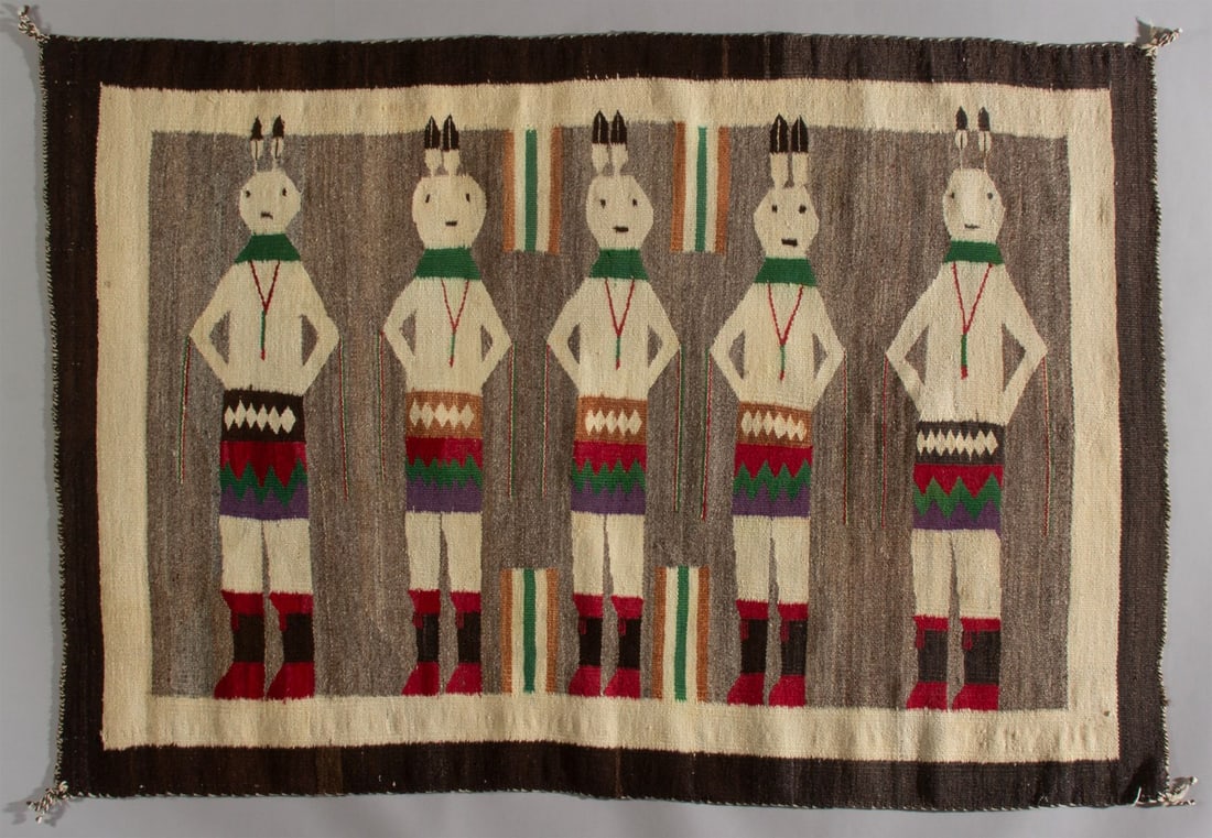 Yei-Bi-Chai Navajo Rug, Ca. 1930s: Vintage Yei-bi-chai pictorial weaving depicting 5 male dancers in white body paint and colorful kilts and leggings on a grayish brown background, Ca. 1930s. Woven from all Native handspun and hand-dye