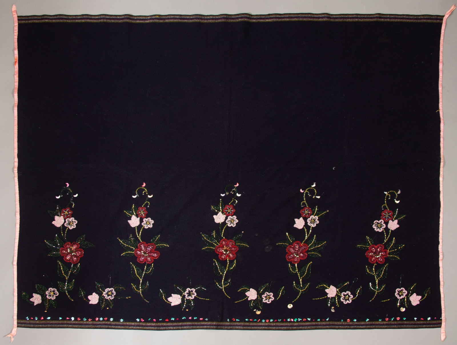 Sioux Beaded Blanket on Wool Trade Cloth: Pine Ridge Sioux Beaded Blanket by Jessie Amercian Horse, the daughter-in-law of Chief American Horse, Oglala Lakota chief, statesman, educator and historian. American Horse is notable in American his