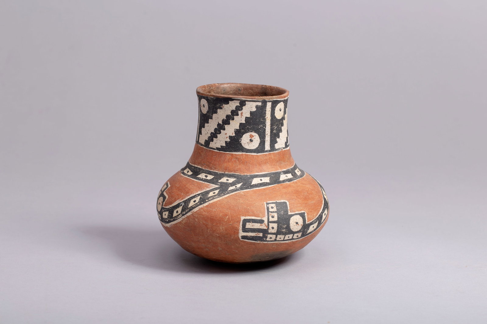 Anazazi Tonto Polychrome Jar, Ca. 1150 - 1350: Anazazi Tonto Polychrome Jar, Ca. 1150 - 1350, Unusual and rare "serpent design" jar with no restoration or over paint. Height: 6.5", Diameter: 6 1/8", Provenance: Private collection Big Bear, CA, Jef