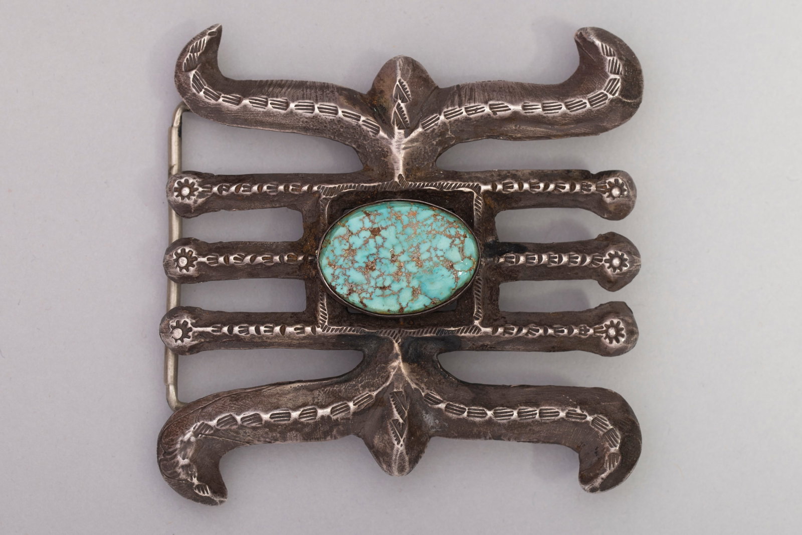 Silver Belt Buckle in Water Bug Design with Turquoise Stone: Silver belt buckle in water bug design with turquoise stone. Measurements: 3 1/2" x 3 1/2", Weight: 147 grams