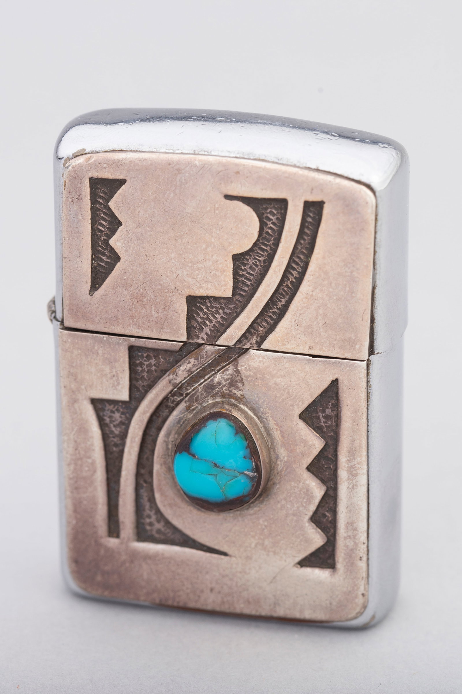 Five Barrel Zippo Lighter with Hopi Overlay Bisbee Turquoise, Ca. 1950s: Five Barrel Zippo Lighter with Hopi Overlay Bisbee Turquoise, Ca. 1950s. Measurements: 2 1/4" x 1 1/2", Weight: 77 grams