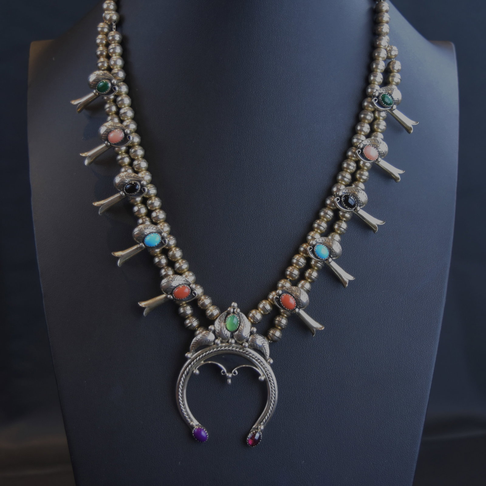 Sterling Silver Squash Blossom with Multi-colored Stones: 26 1/2" Length (with 4" variable length), Naja: 2 3/4 x 2", 82 grams
