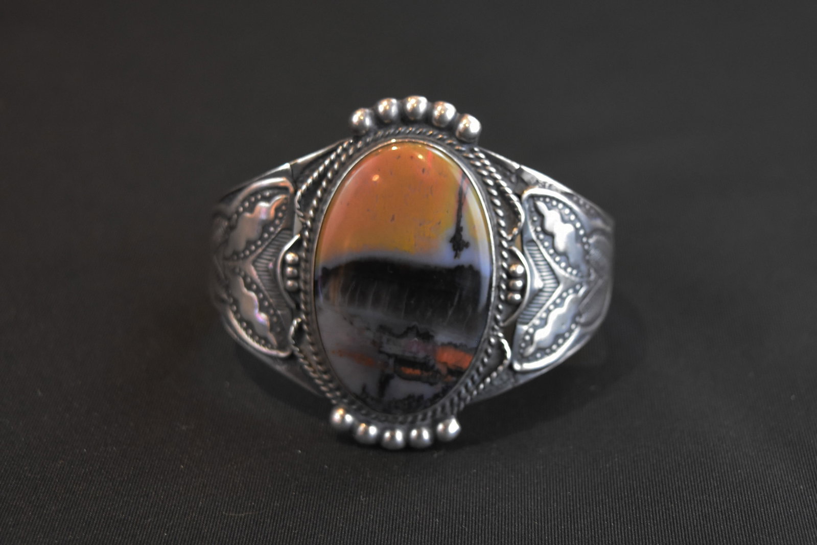 Vintage Fred Harvey Era Silver Cuff with Oval Petrified Wood or Agate, Ca. 1935: 6 1/4" Internal Circumference, 1 1/4" Gap, 2" W, 66 grams
