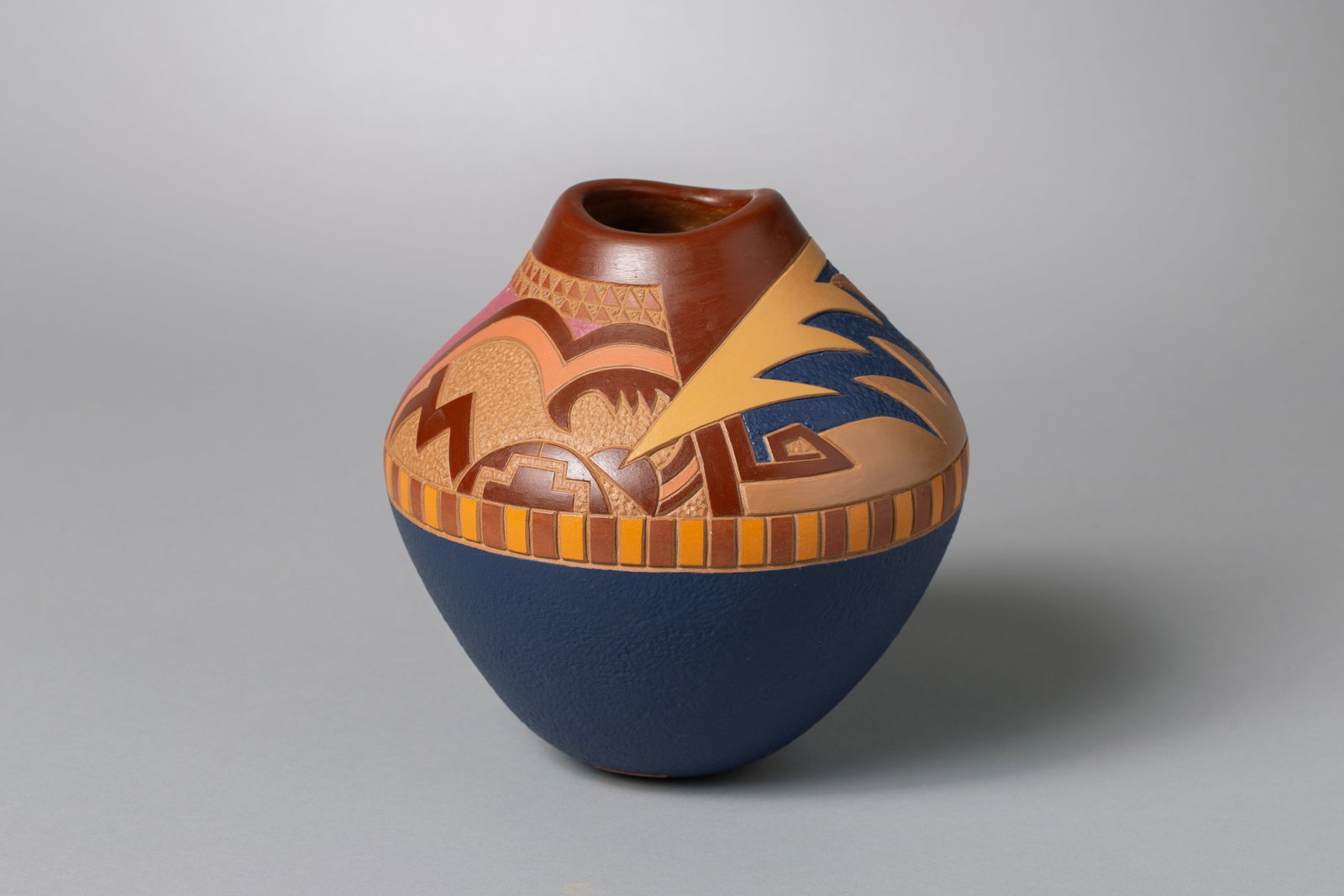 Santa Clara Unique Blue, Pink, Brown, and Tan Jar, Jody Folwell (b. 1942): Santa Clara Unique Jar, Jody Folwell (b. 1942) Jody's pottery is displayed in museums around the country, and her work is featured in numerous books, including “The Art of Clay” and “Legacy 