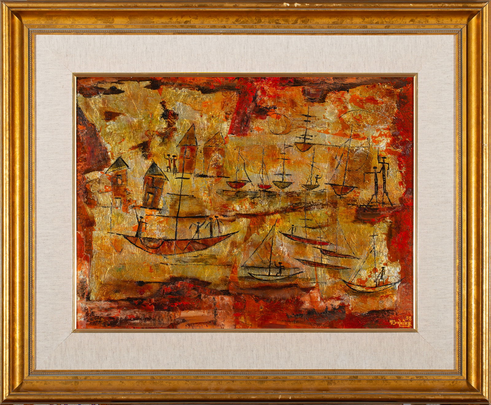 Howard Schleeter (1903 – 1976) “Tropical Port": Howard Schleeter (1903 – 1976) “Tropical Port”, Mixed Medium, Painted 1958, 18” x 24”, Framed: 34.25" x 28.25"; signed and dated lower right corner, and details on the verso. BIO