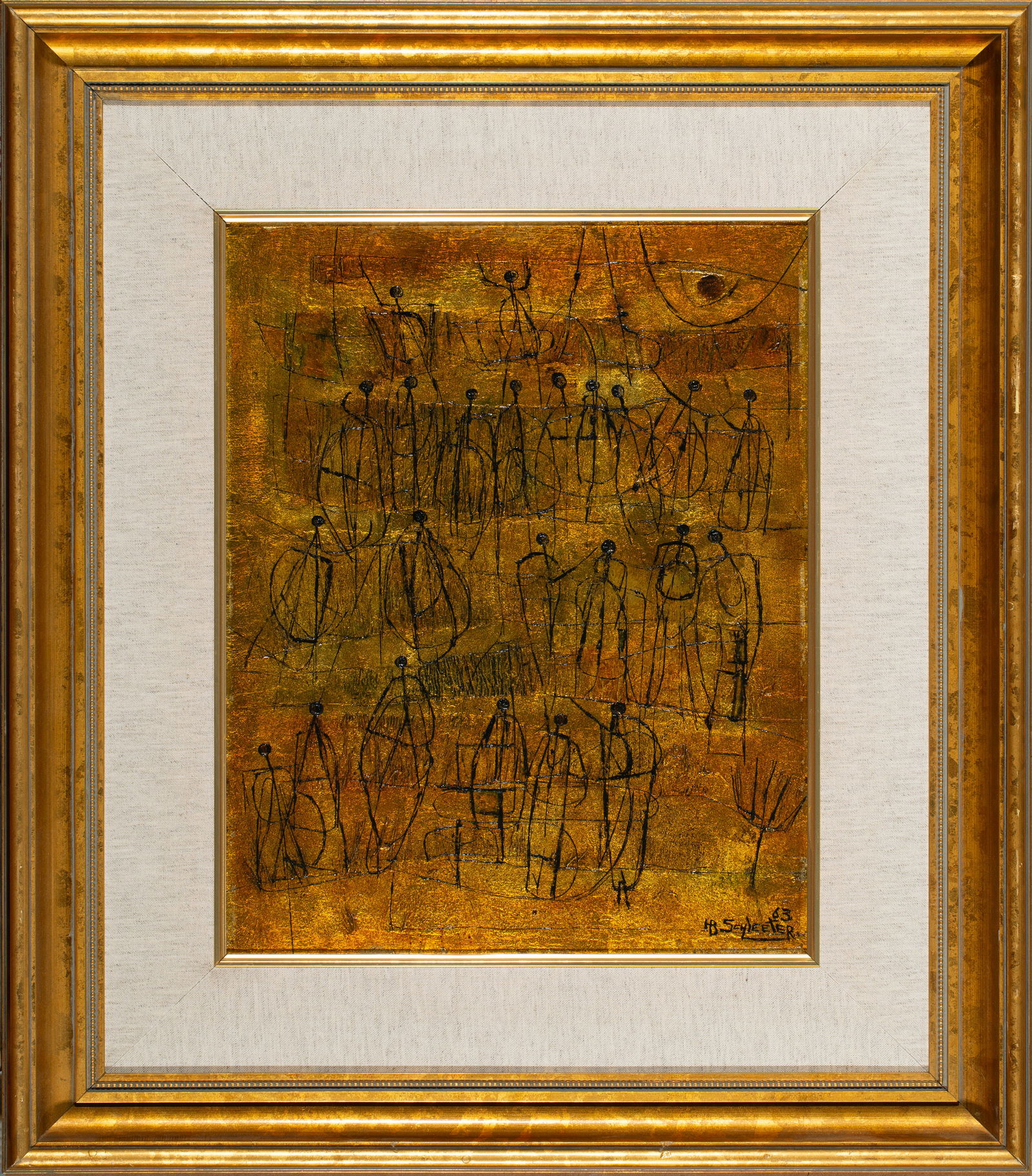 Howard Schleeter (1903 – 1976) “The Eye: Howard Schleeter (1903 – 1976) “The Eye”, Oil Glaze on Metal Leaf, Painted 1963, 18” x 14”, Framed: 28.5" x 24.5"; Signed and dated lower right corner, and details on the verso.