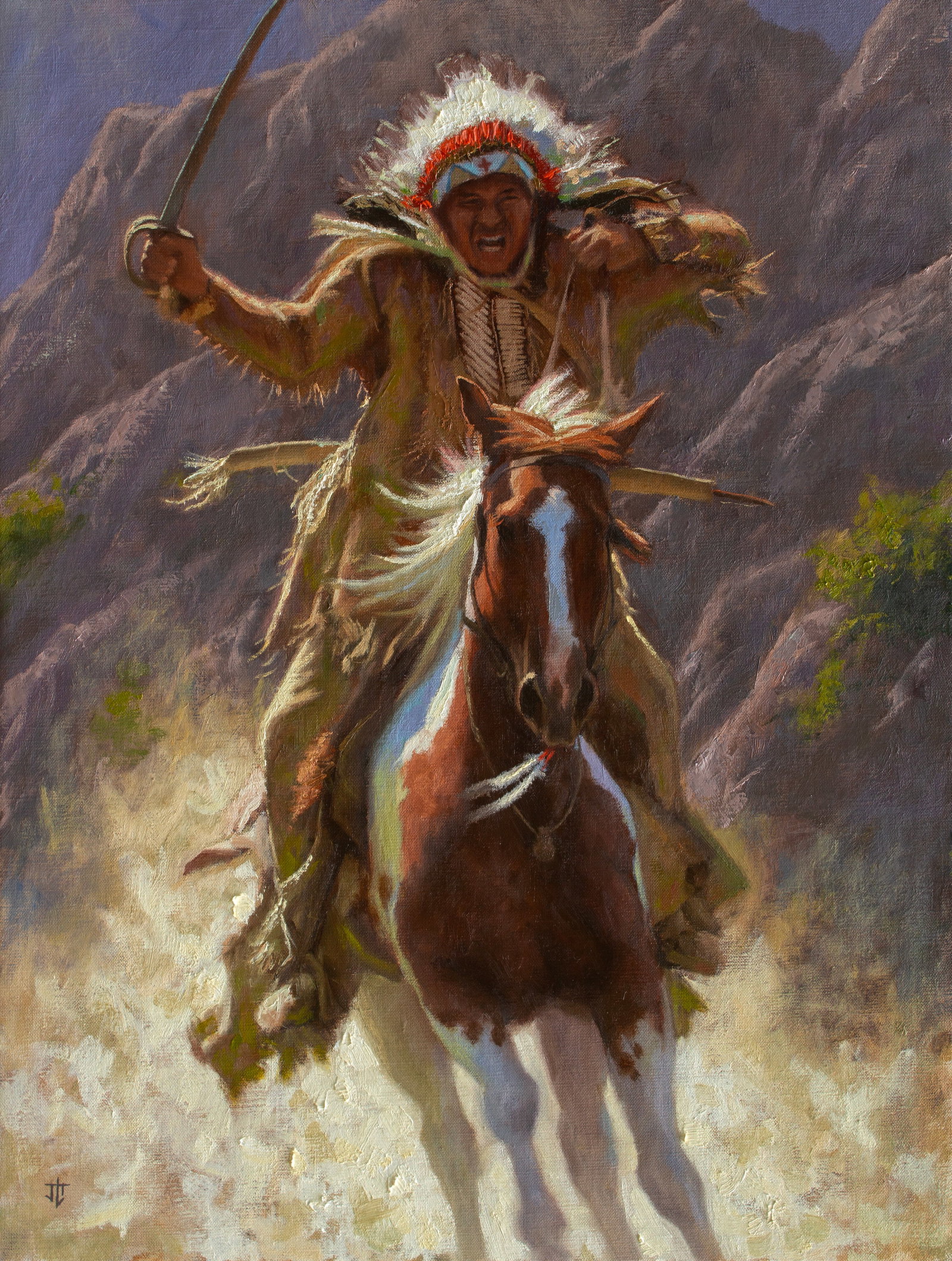 Jason Lee Tako, "Saber Rattler": Jason Lee Tako, "Saber Rattler"; Framed 24"W, 33"H, Signed with initials on lower left corner of painting."Saber Rattler" captures a powerful moment of fierce resistance as a Lakota warrior charges fo