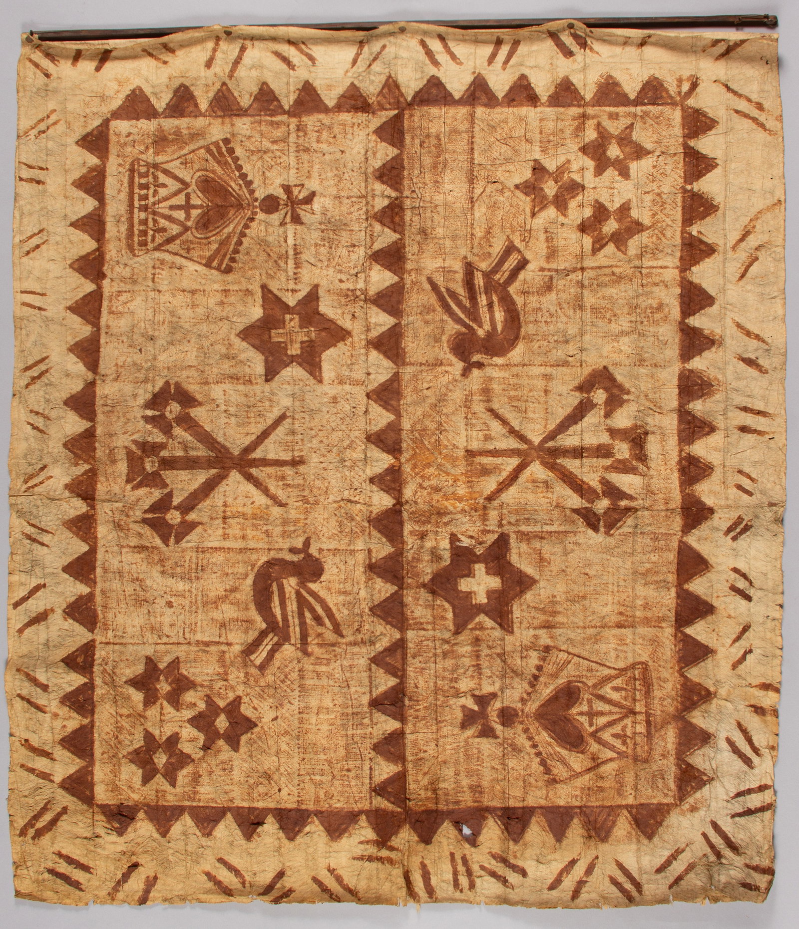 Ngatu Tahina Tapa Cloth, Tongan Culture, Polynesian Islands, 20th Century: Panel comprised of sections of beaten and flattened bark of trees (Feta'aki) which are joined together to form a complete cloth (ngatu) with dark brown pigment used for the stamping and overpainting o