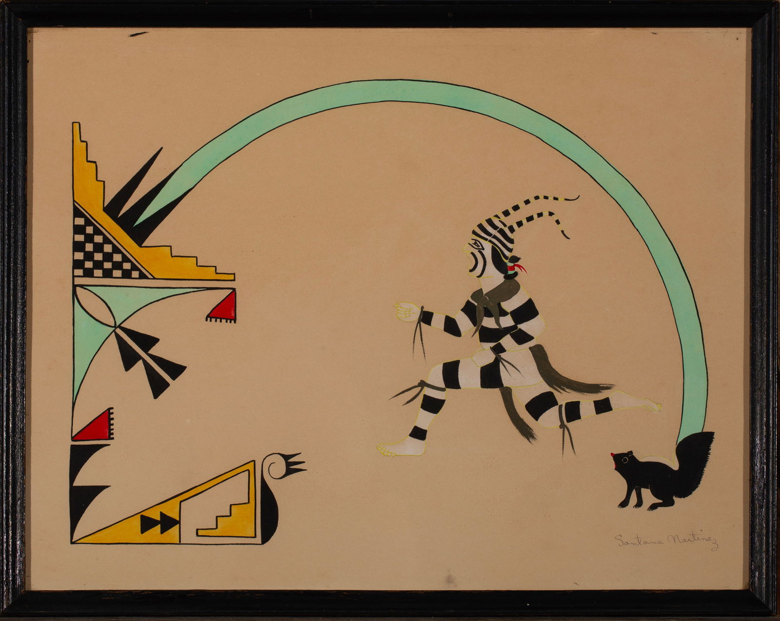 Lot of 2: Gouache on Paper, Santana Martinez: Two rare paintings by celebrated San Ildefonso potter Santana Martinez (1909 - 2002), the oldest son of famed potter Maria Martinez, the first featuring little skunks and the second with a Pueblo clow