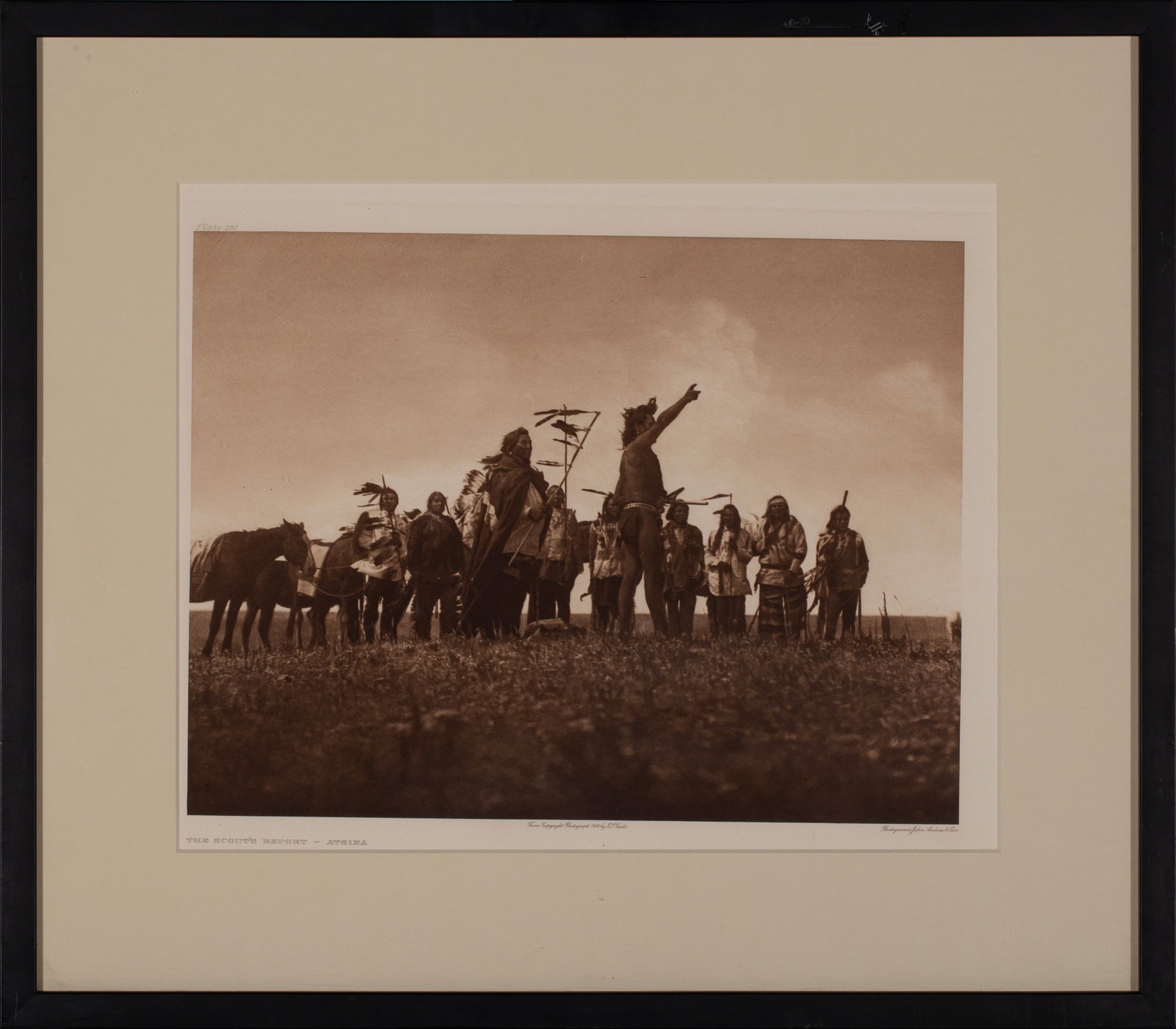 Edward S. Curtis (1868-1952), Scout's Report - Atsina, 1908: Edward S. Curtis (1868-1952) Scout's Report - Atisina, 1908 Photogravure, Plate # 182, Printed on Holland Van Gelder Paper, Very nice batwing style frame, Image: 12" x 16", Framed under glass: 21" x 2