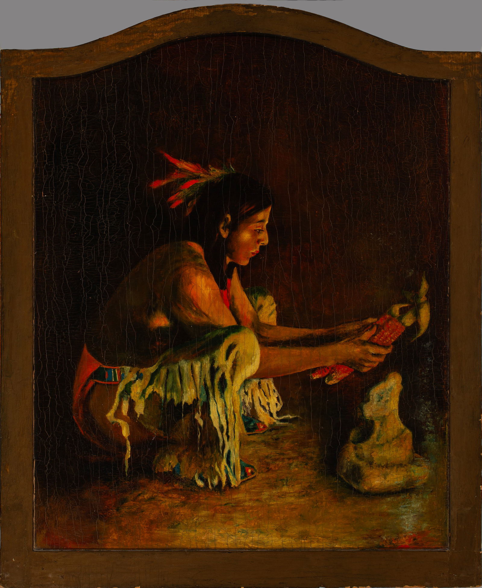 Taos Oil Painting on Board: In the style of Eanger Irving Couse unsigned oil painting on board. This painting comes from a collection in Grants, NM. It was purchased years ago from Art Auction in Santa Fe. There is a story that