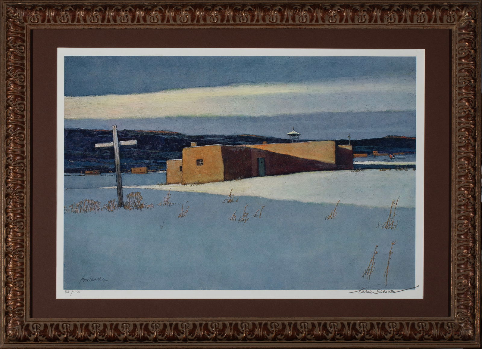 Eric Sloane (1905-1985), Signed and Numbered Lithograph of New Mexico home in snow: Lithograph depicting a traditional New Mexican winter scene, featuring an adobe house and large cross in the foreground of a snow covered yard, the background includes a mountain range and a typical l