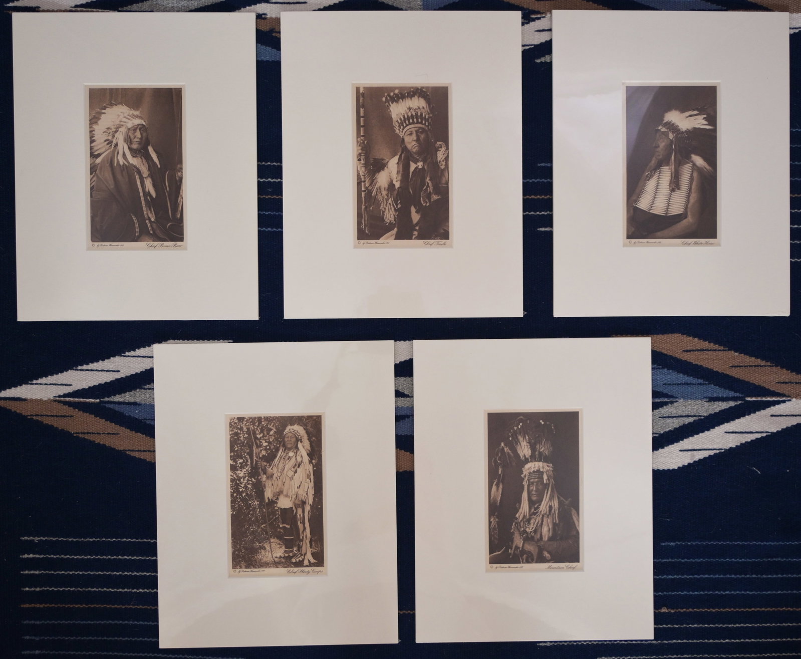 Lot of 5 Sepia Photogravures of Plains Indian Chiefs, Early 20th Century: Five photographs from the Wanamaker Indian Expeditions, 1909-13, includes five sepia photogravures, each credit lined © By Rodman Wanamaker 1913, taken by Joseph K. Dixon, includes "Chief White Horse