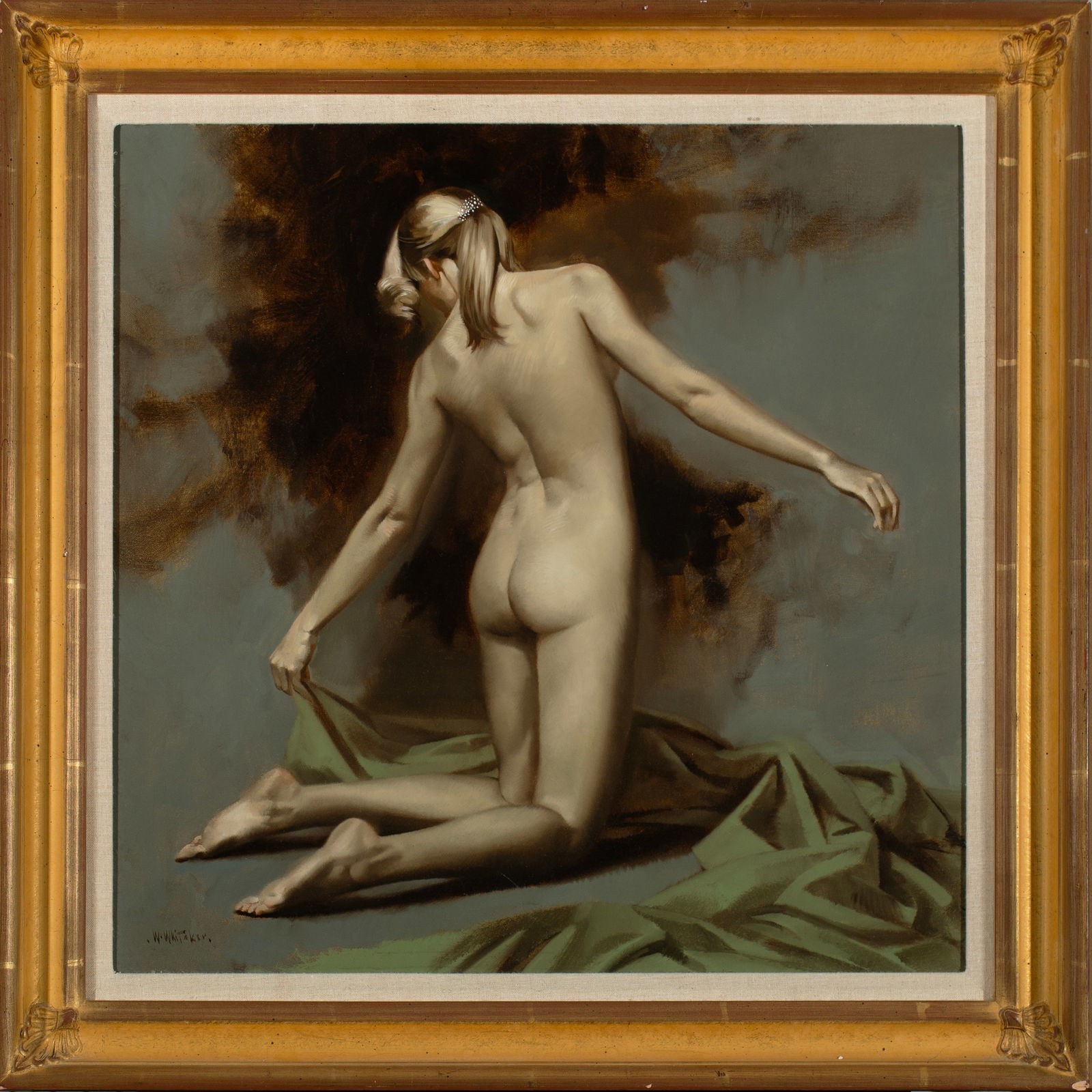 William Whitaker (1943 – 2018) “Nude: William Whitaker (1943 – 2018) “Nude”, Oil on Canvas, 24” x 24”, Framed: 30"x 30"; signed on lower left of image. Provenance: Altermann & Morris Galleries; BIOGRAPHY: William Fer