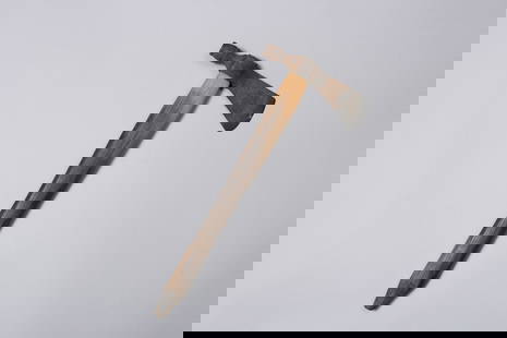 Lot of 2 Native American Weapons, 1) Plains Pipe Tomahawk 2) Central Plains Beaded War Club: 1) Forged iron tomahawk head, the blade showing a wide cutting edge and a gently curved profile14.75" length; 6" Blade/Pipe 2) wrapped rawhide, adorned with a long fringe and featuring red, white, blu