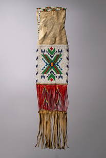 Sioux Beaded and Quilled Pipe Bag: Constructed on native hide. The base panel is beaded in a white background with geomentric symbols in green, red, navy and yellow. Beneath the base panel there are quill wrapped hide slats which are d