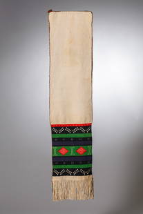 Native American Vintage Hopi Ceremonial Dance Sash: Woven in soft white cotton with plied fringe, the ends decorated with woven geometric bands in red, green, and black, featuring diamond and stepped motifs, 99" total (48 1/2" each half including fring