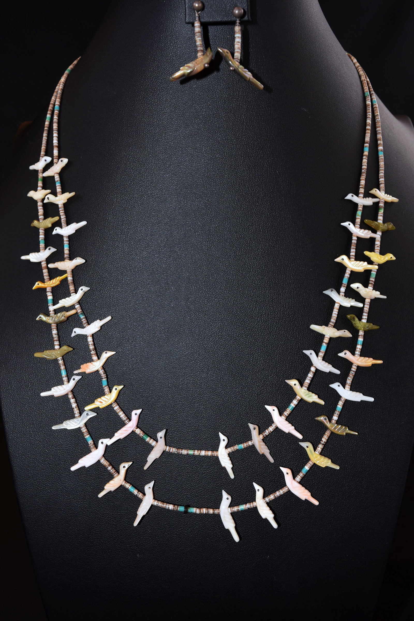 Bird Heishi Shell Necklace & Earrings: 27" Length, Earrings 1", 29 grams altogether