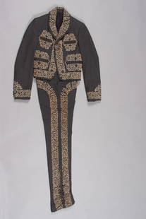 Fine Mexican Charcoal Wool Charro Suit with Leather Embroidery: Stunning charcoal Charro suit constructed of pure vigin wool with leather embroidery. All hand made and silk lined with silver engraved horsehead buttons on the jacket and silver horsehead "botonaduas