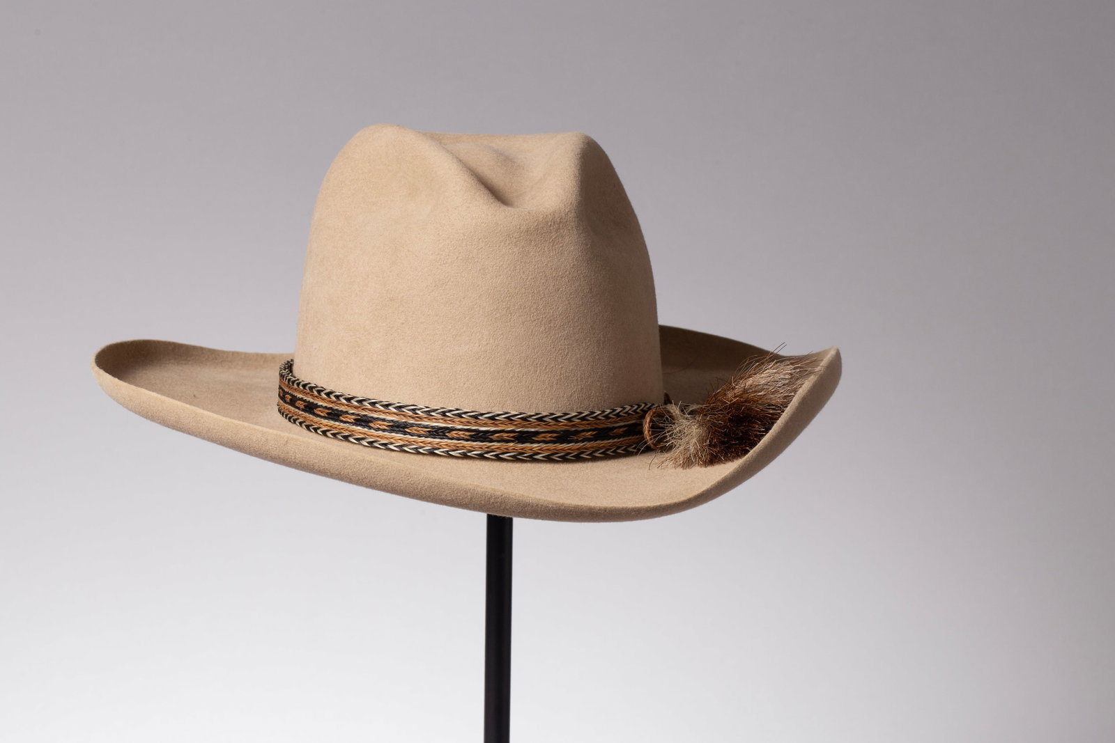 Custom XXXXX XXXXX Fur Felt Catalena Hatters Cowboy Hat with Horsehair Hat Band: Custom tan fur felt hat by famed Catalena Hatters of Bryan, TX with a stunning multicolor horsehair hat band. Marked on the liner tipping. Recognized by industry professionals and hat connoisseurs as 