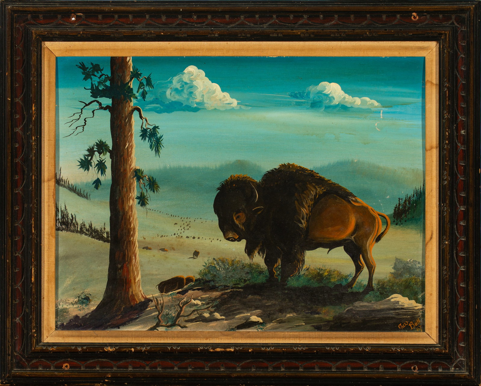 Lot of 2 Paintings: Vintage Buffalo Painting 2) Painting on Hide: Lot of 2 Paintings: Edward "Eddie" Two Bulls, Jr. (1937-2011), Vintage Buffalo Painting signed in the lower right of painting and dated 1967; 30 1/2 x 24 1/2", 2) L Miller, Painting on Hide