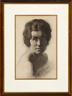 E. Martin Hennings (1886 - 1956) "Irene", Studio Portrait: "E.M. Hennings (1886-1956)"Irene", Charcoal on paper under glass, 16"H x 10 1/2"W; Framed: 24 1/2"H, 18 1/2"W, Provenance: AltermannArt Gallery, Present: Private New Mexico Collection