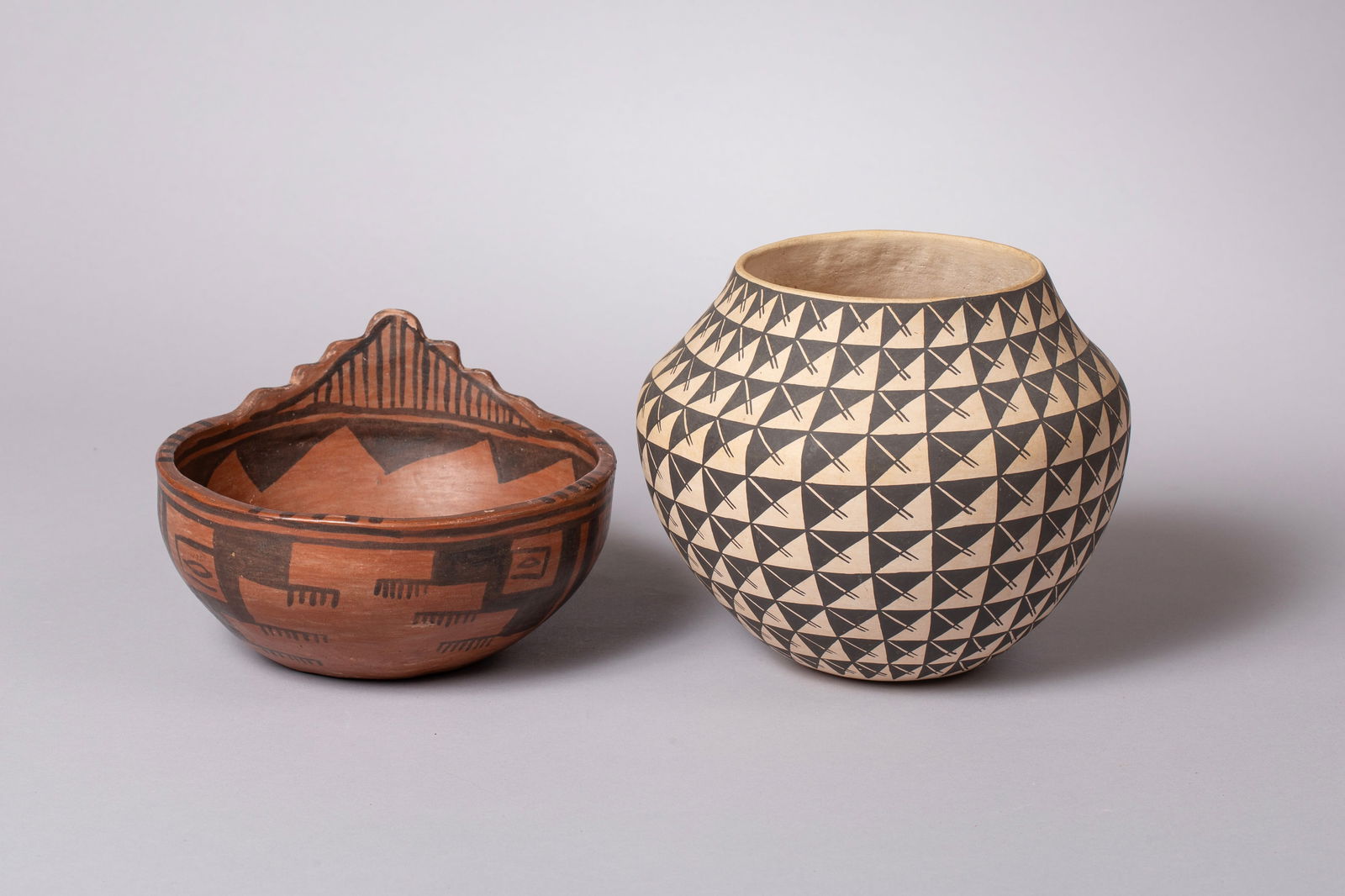 Two Southwest Pueblo Vessels: Group of Two Contemporary Pots: Acoma Olla signed on bottom "C.V." possibly Carolyn Victorino 7"D, 6 1/4"H Southwest Pueblo, possibly Santa Clara or San Ildefonso, Scalloped Rim Bowl, Unsigned 7"D, 4