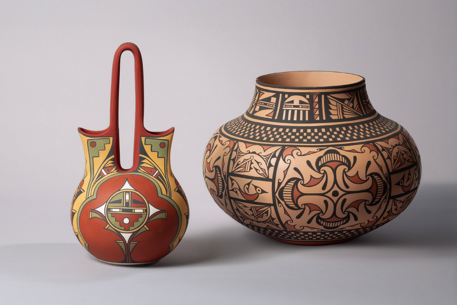Two San Felipe Pots by Joseph and Nona Latoma includeing a Wedding Vase and a Massive Beautifully: Two San Felipe Pots by Joseph and Nona Latoma A) Wedding Vase 7"D, 13"H B) Massive Beautifully Decorated Olla 15"D, 11 1/4"H