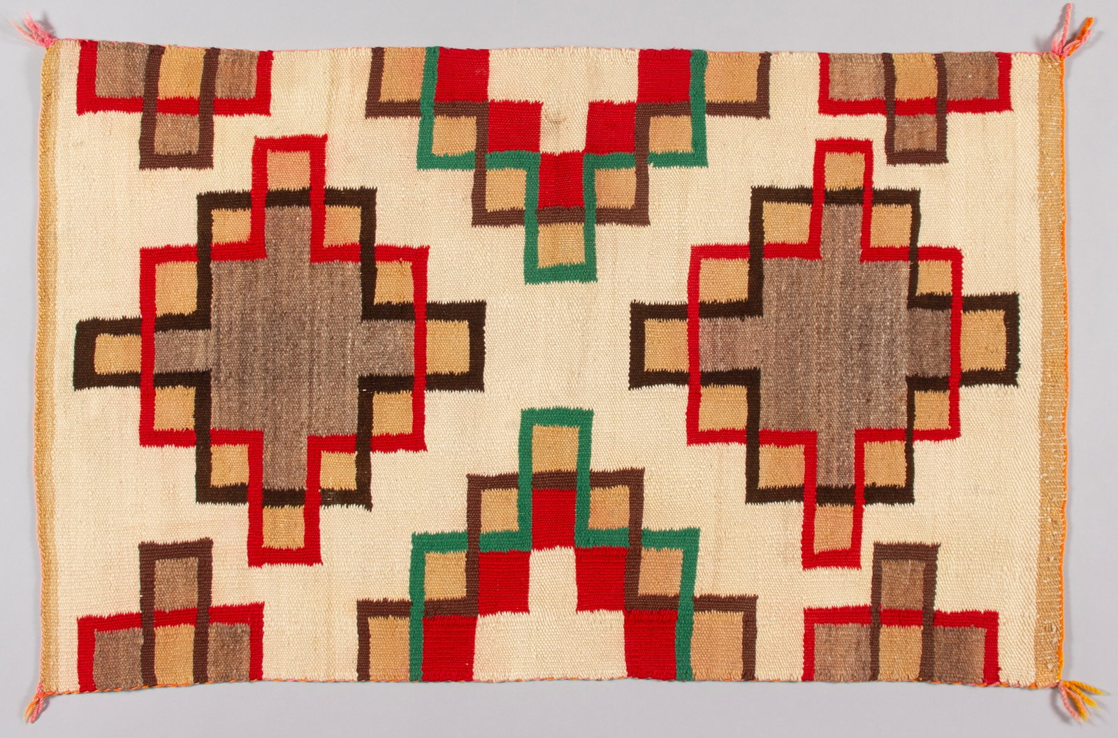 Handwoven Navajo Regional Rug with Interlocking Geometric Design: This is a superb example of a mid-20th century, handwoven Navajo regional rug, characteristic of the intricate work from the Two Grey Hills or Klagetoh trading areas in the American Southwest. The rug
