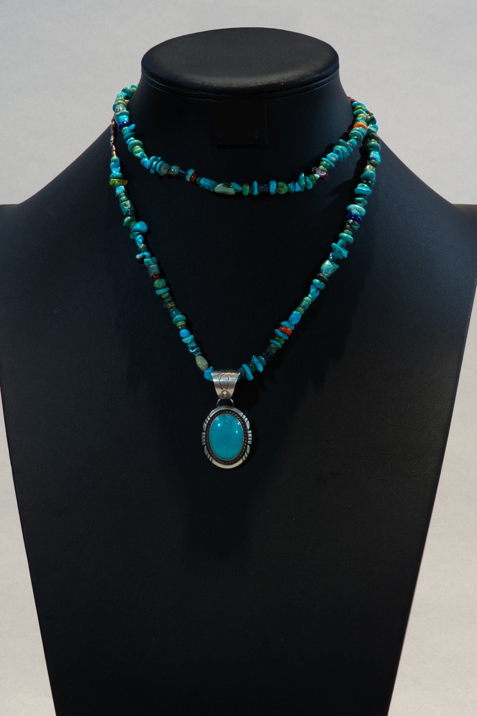 Turquoise Strand with Turquoise Pendant: Multi-stone strand necklace with turquoise pendant (1 1/4") Necklace 32"L, 36 grams(pitcured double wrapped)