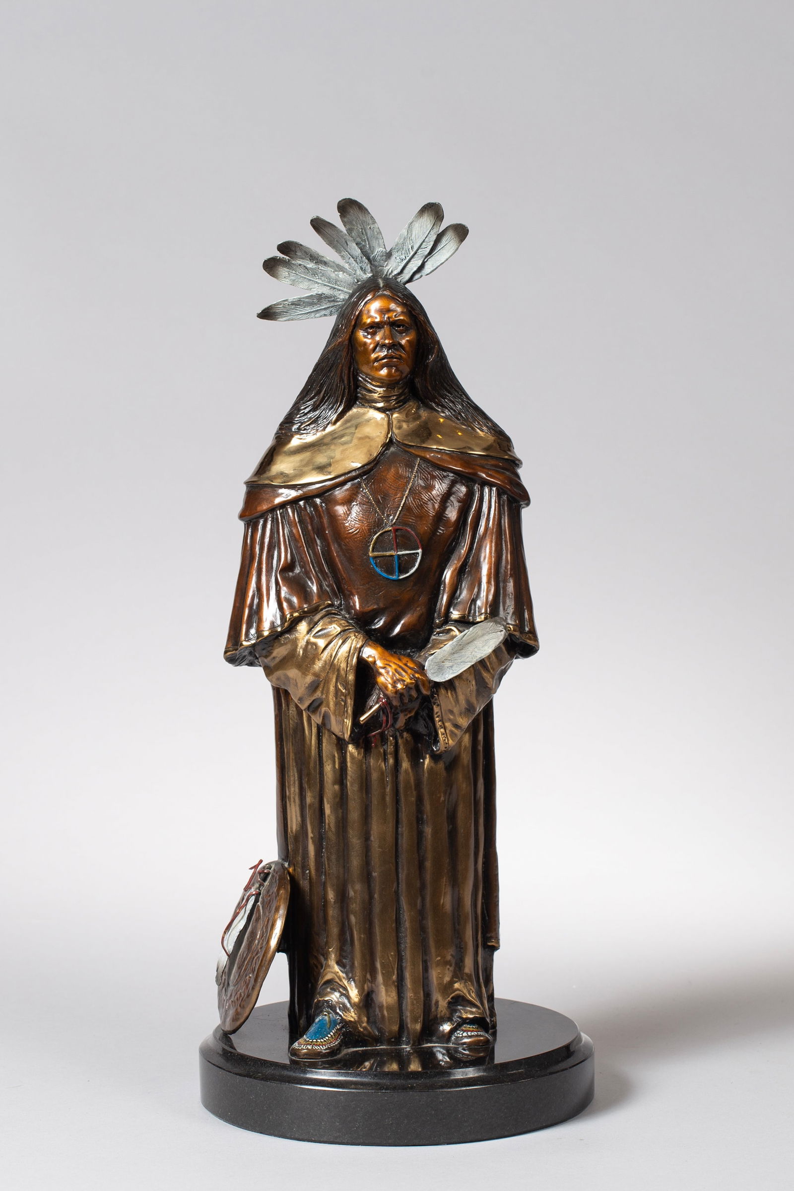 JD Challenger "White Men Medicine" Bronze Sculpture: Beautiful 1990s "White Men Medicine" bronze sculpture signed by J.D. Challenger, Stamped "AP #3, copyright 1997" 8"W x 8"D x 18"H