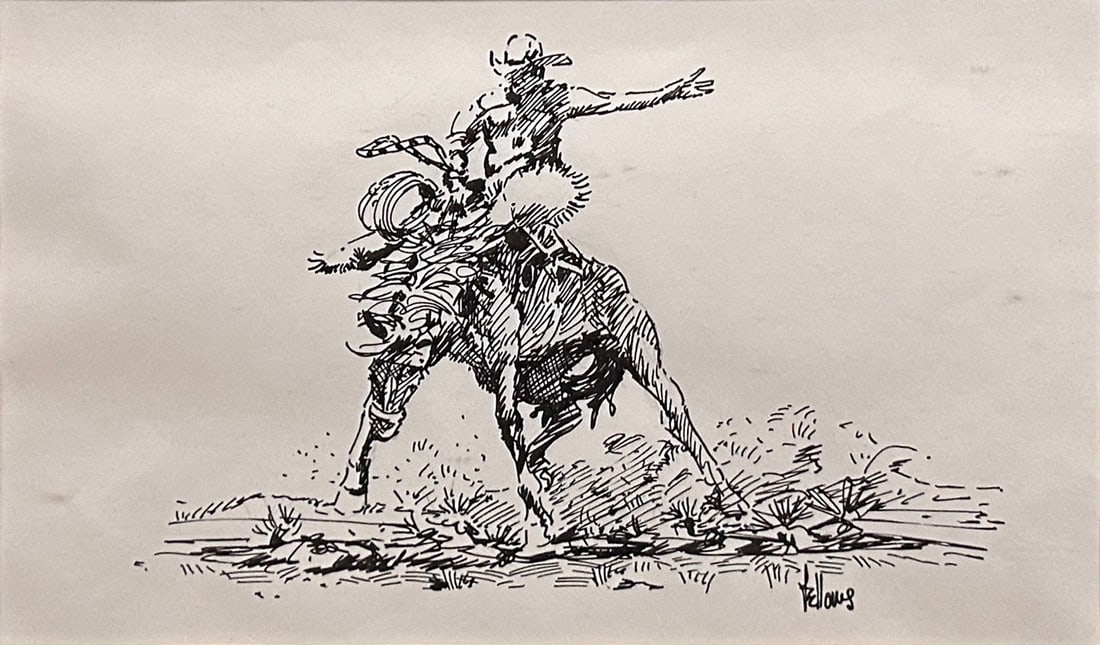 Fred Fellows (1934 - )(CAA) "Bucking Horse" Pen and Ink: Fred Fellows "Bucking Horse"; 6.25" x 9.5" pen and ink; Signed lower right Fred Fellows had early exposure to ranching and Otoe and Osage Indian reservations. As an artist, he is self-taught, but his