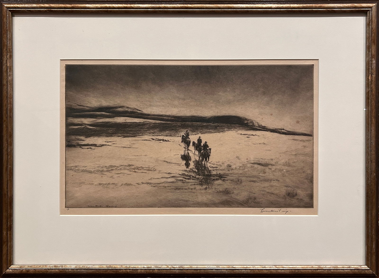 Levon West (1900-1968) "Wyoming" Etching: Levon West "Wyoming"; Framed: 17" x 22.5"; Unframed: 9.5" x 15.25" etching; Signed lower right, #14 lower left Levon West, whose name was changed from Ivan Dimitri Assadoorian when he enlisted in the