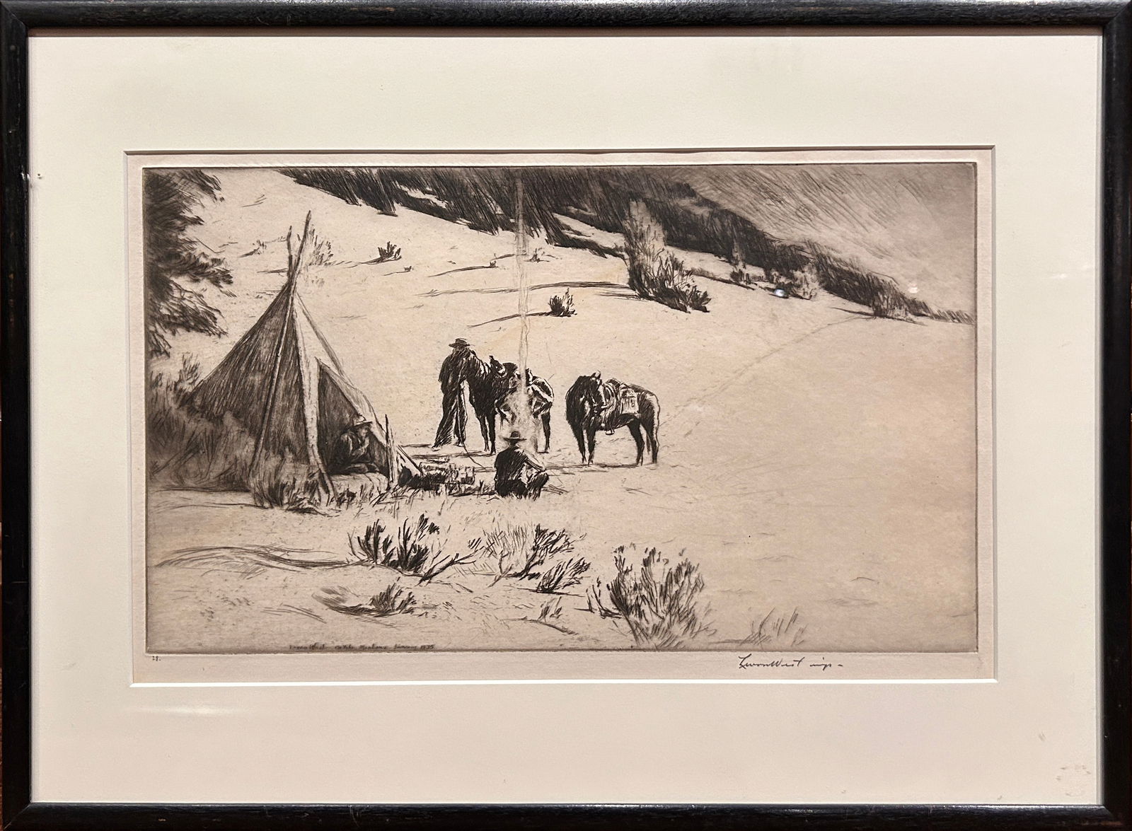 Levon West (1900-1968) Ox Yoke, MT January 1935: Levon West Ox Yoke, MT January 1935; Framed: 15" x 20"; Unframed: 9.5" x 15.25" etching; Signed lower right, titled and #28 lower left Levon West, whose name was changed from Ivan Dimitri Assadoorian