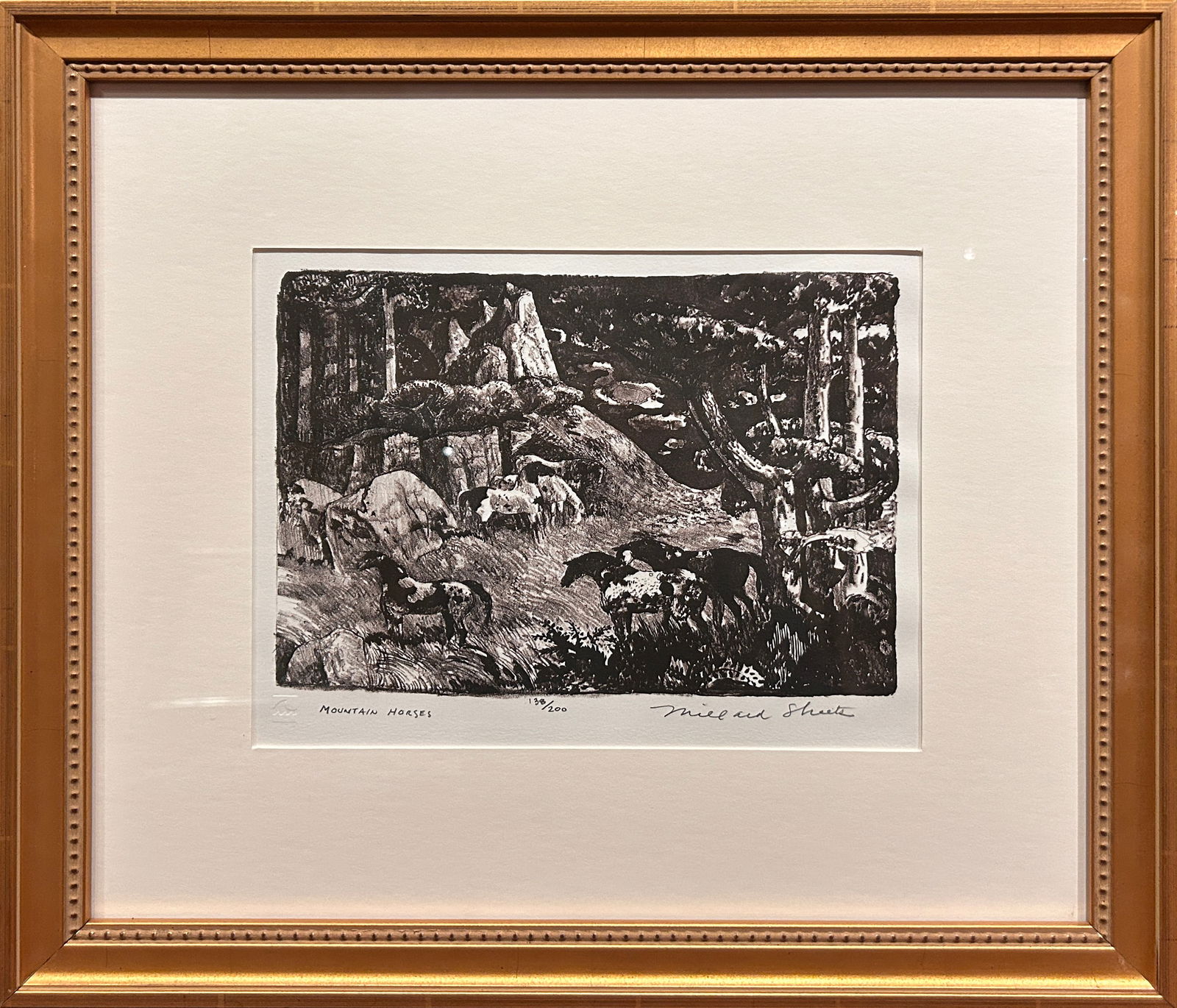 Millard Owen Sheets (1907-1989) "Mountain Horses" 1981 Signed Lithograph: Millard Sheets "Mountain Horses"; 9" x 11.25" Lithograph; Signed lower right, titled lower left, #128/200 lower center Millard Sheets was an American painter best known for his watercolor landscape pa