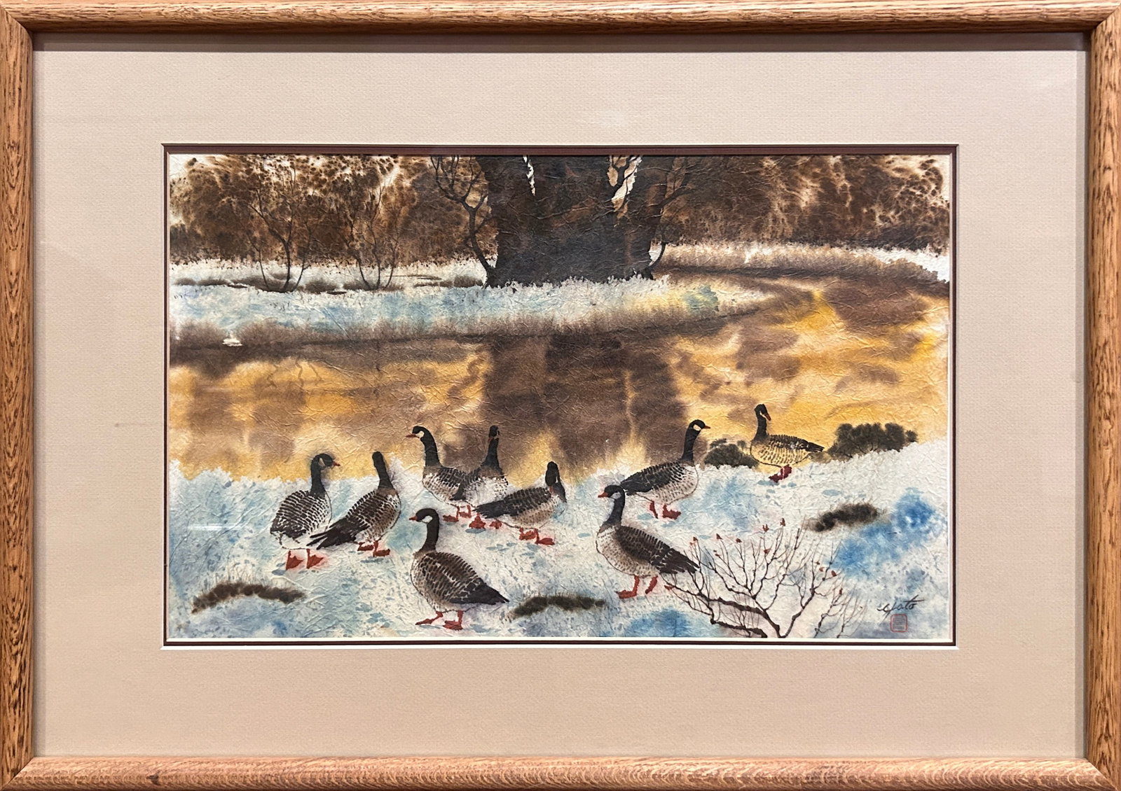 John Yato (b. 1950) "Geese" Watercolor on tissue paper: John Yato "Geese"; Framed: 19" x 27"; Unframed: 12" x 19" watercolor on tissue paper; Signed lower right John Yato, watercolor painter, was born within sight of Mount Fuji, Japan in 1950 and moved to 