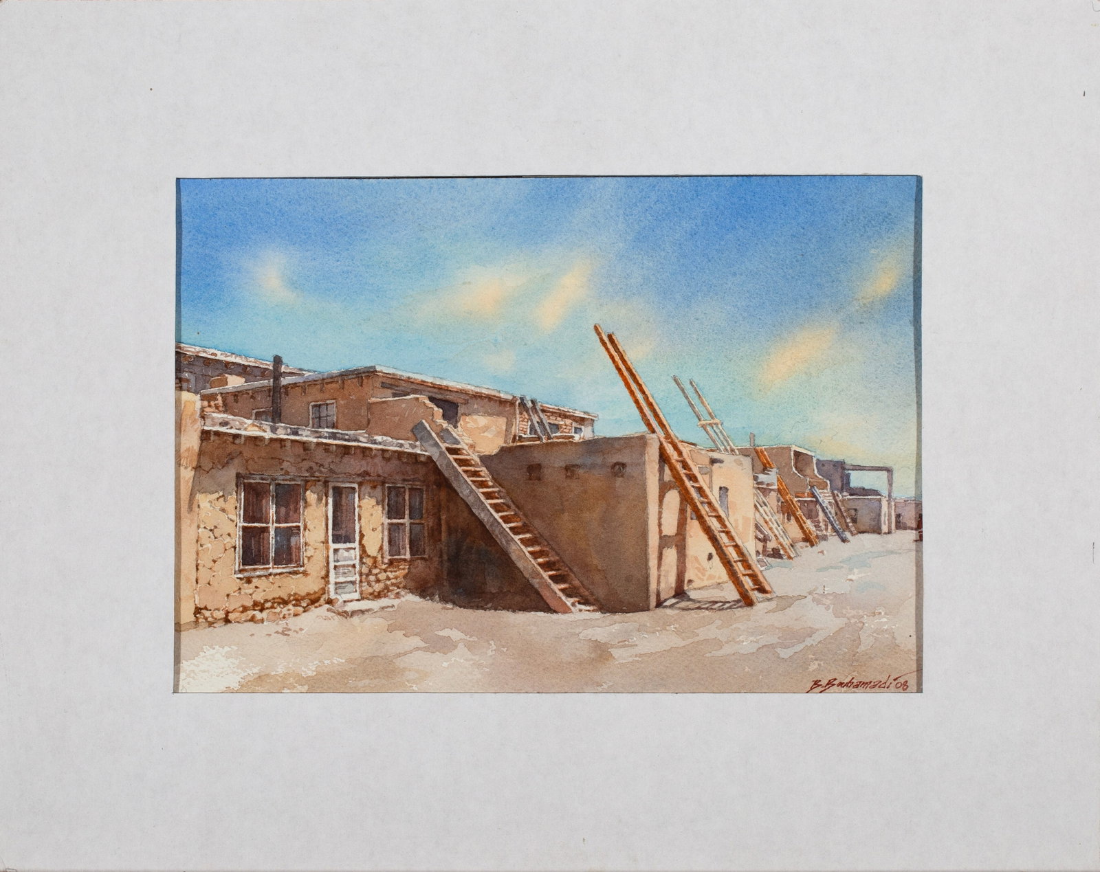Brahim Bouhamadi (b. 1956) "Untitled: Group of three Pueblo scenes in Acoma Watercolors, 2007-2008";: Watercolor on Paper. Brahim Bouhamadi is considered one of the greatest living watercolorists from Morocco. His work has been exhibited in Marrakech, Morocco, at the Musée de la Palmeraie in 2015